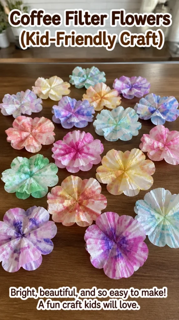 Colorful coffee filter flowers crafted by kids, showcasing creativity and fun.
