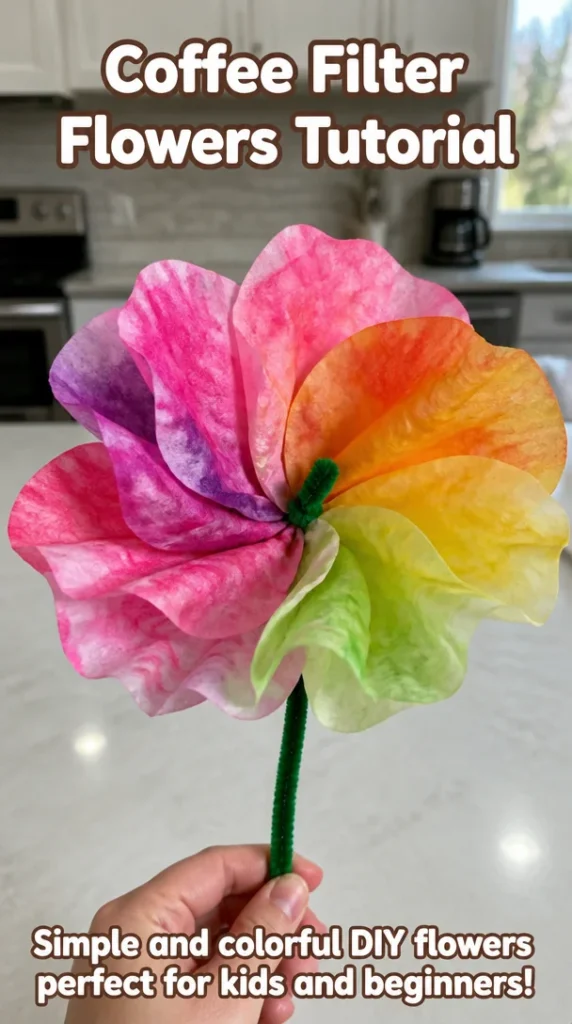 Colorful coffee filter flowers handcrafted in a vase, demonstrating a creative tutorial.