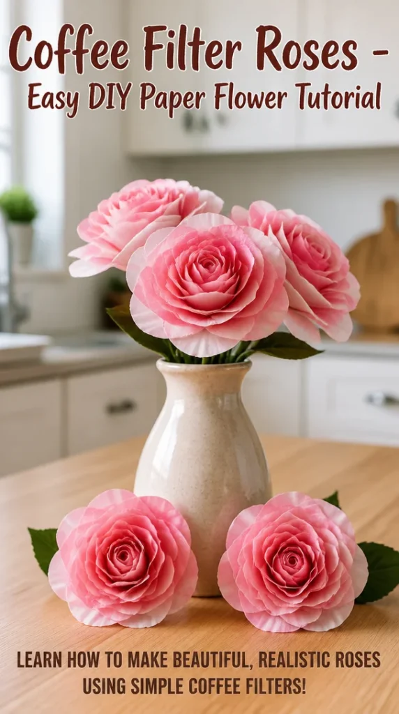 DIY paper flowers made from coffee filters, showing beautiful rose designs.