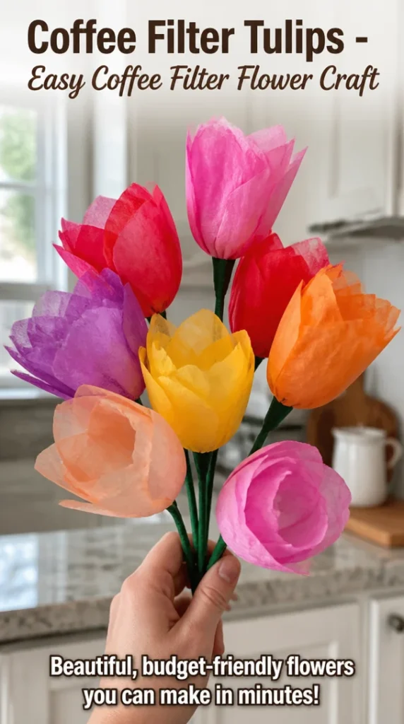 Colorful coffee filter tulips crafted from easy coffee filter flower project