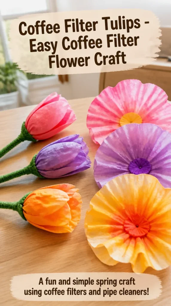 Colorful coffee filter tulips displayed as an easy craft project.