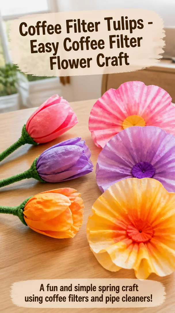 Colorful coffee filter tulips displayed as an easy craft project.