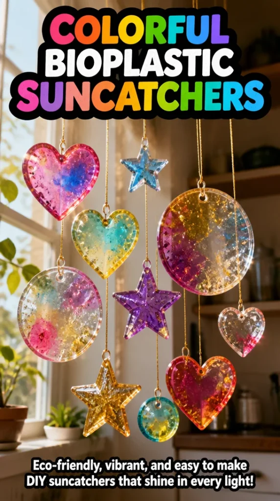 Colorful bioplastic suncatchers displayed in sunlit window