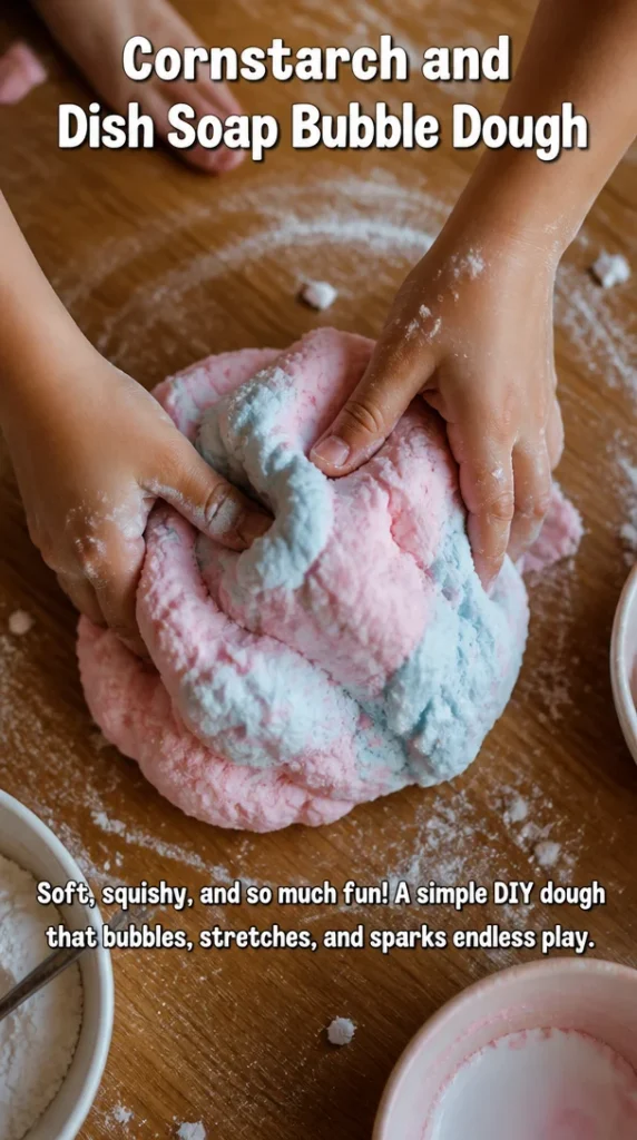 Colorful bubble dough made from cornstarch and dish soap for playful fun.