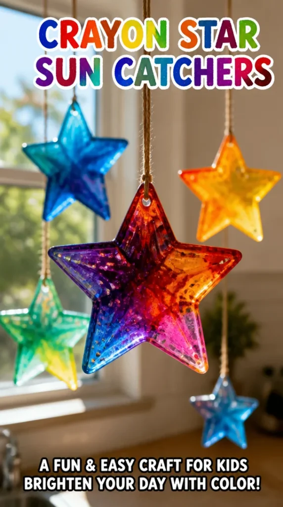 Colorful crayon star sun catchers hanging in a sunny window