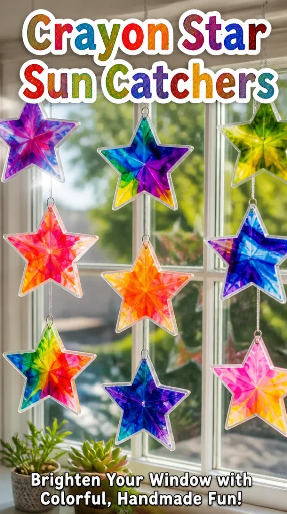 Colorful crayon star sun catchers hanging in a window