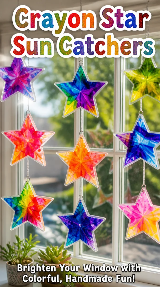 Colorful crayon star sun catchers hanging in a window