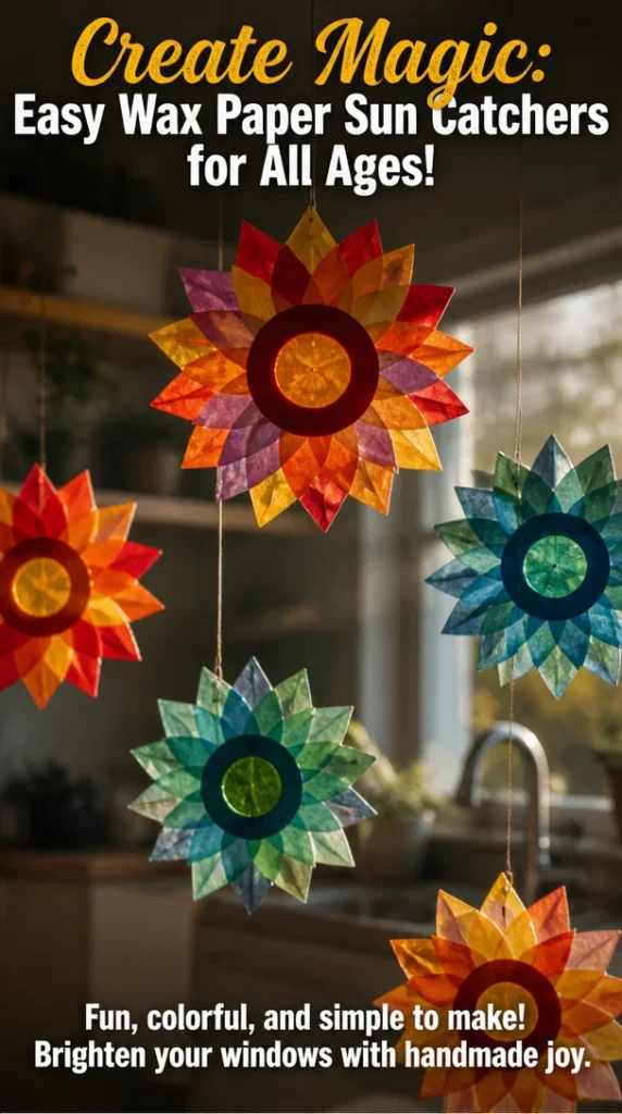 Colorful wax paper sun catchers hanging in a sunny window.