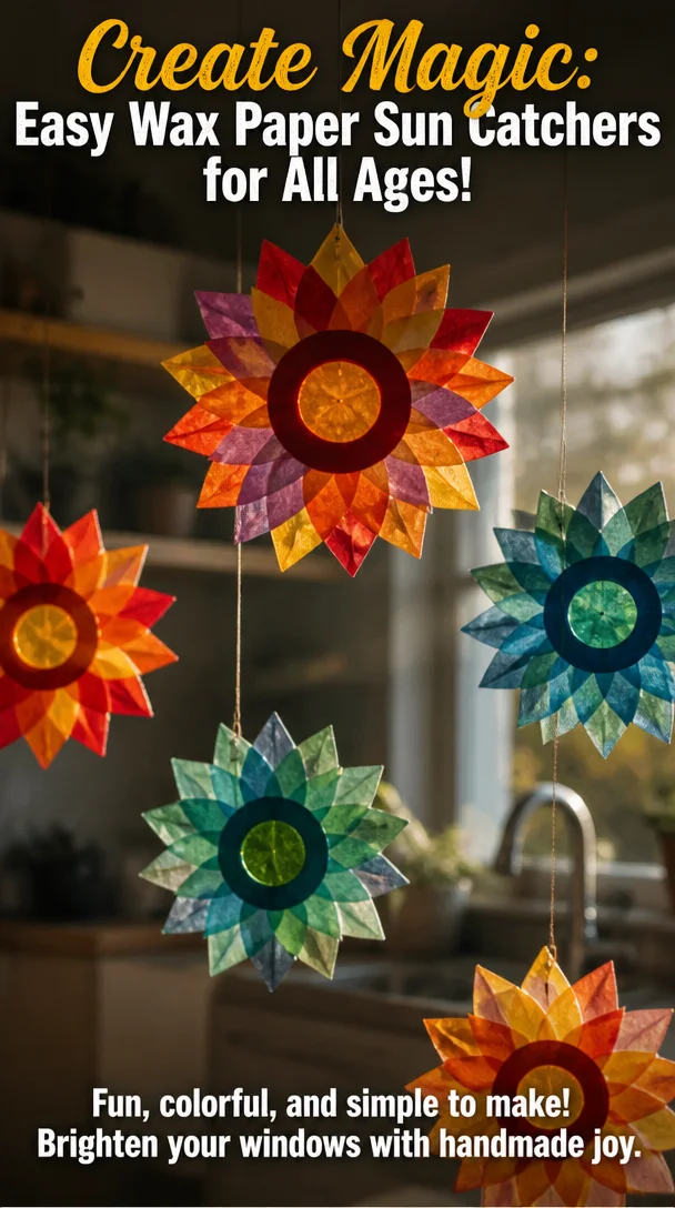 Colorful wax paper sun catchers hanging in a sunny window.