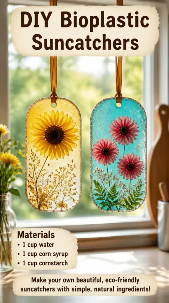 Colorful DIY bioplastic suncatchers hanging in a sunny window.