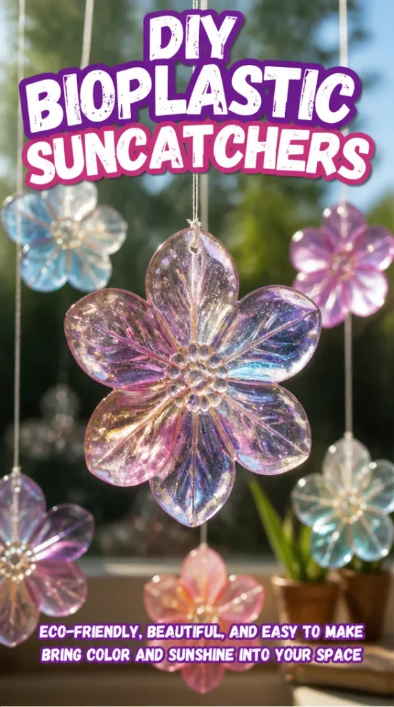 Colorful DIY bioplastic suncatchers hanging in a sunny window.