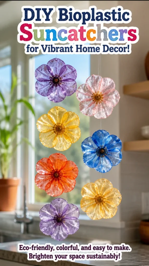 Colorful DIY bioplastic suncatchers hanging in a window for home decor.