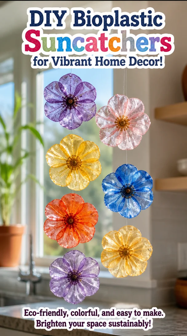 Colorful DIY bioplastic suncatchers hanging in a window for home decor.