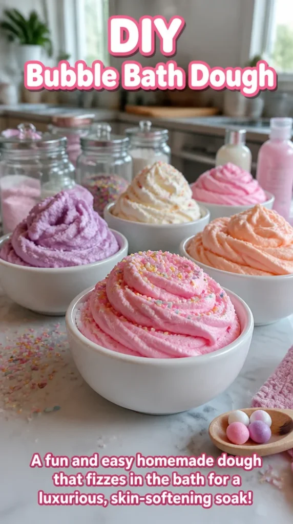 Homemade DIY bubble bath dough in colorful containers