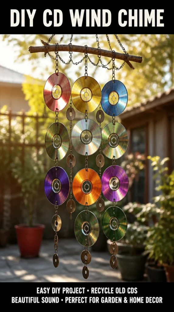 Colorful DIY CD wind chime made from recycled materials hanging outdoors.