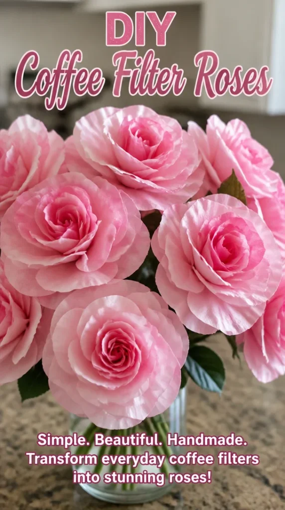 Colorful DIY coffee filter roses in a vase, showcasing handmade floral art.