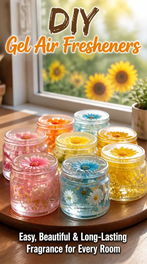 Homemade DIY gel air fresheners in vibrant colors and jars.