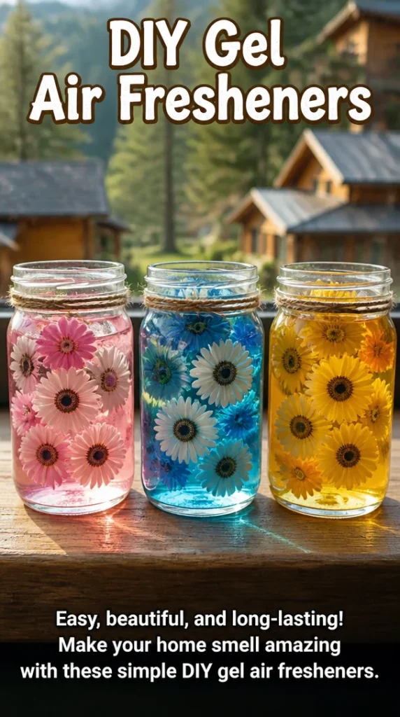 Homemade gel air fresheners in various fragrances displayed on a table.