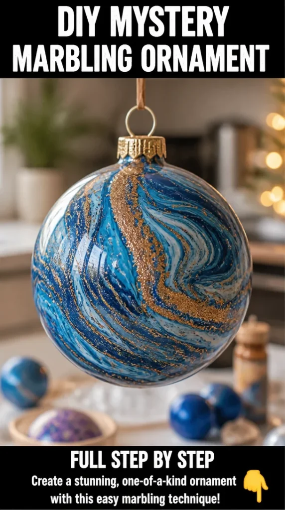 Handmade mystery marbling ornament with swirling colors and patterns.