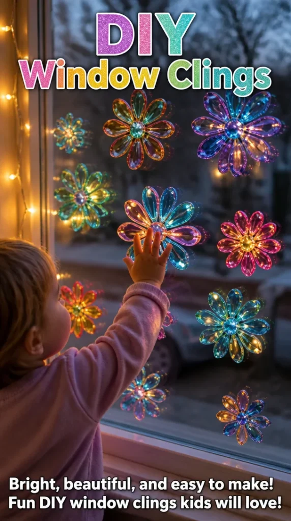 Colorful DIY window clings for home decoration and festive spirit.