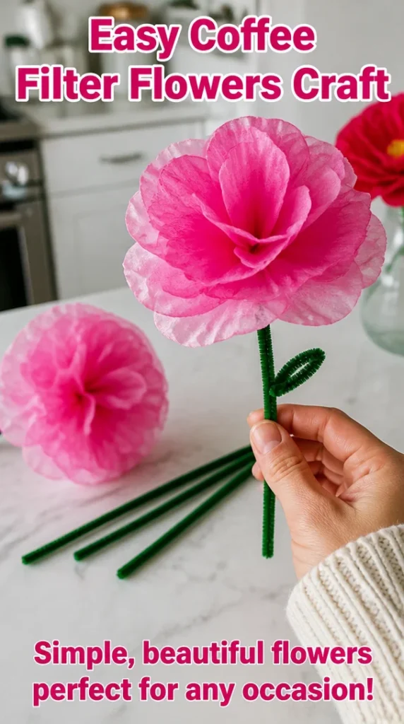 Colorful coffee filter flowers crafted for decoration and fun.