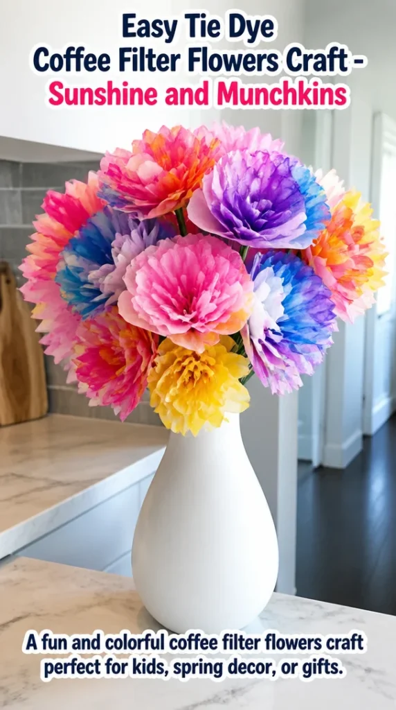 Colorful tie dye coffee filter flowers craft for bright home decor.