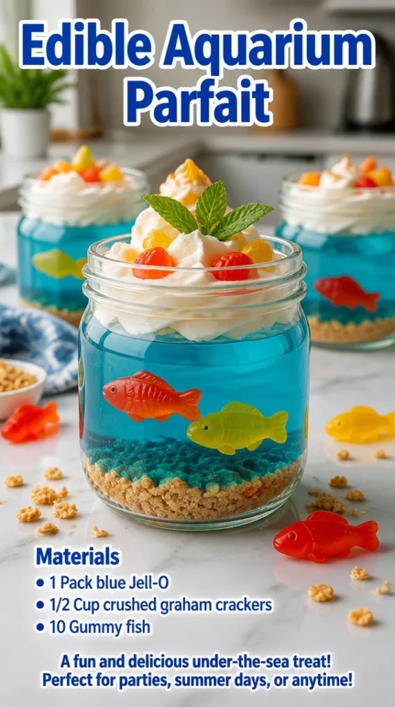 A beautifully arranged Edible Aquarium Parfait with colorful layers and edible decorations.