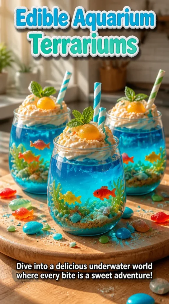Delicious edible aquarium terrarium showcasing vibrant plants and dessert elements.