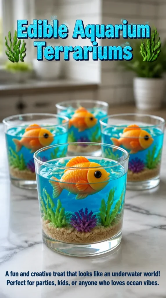 Colorful edible aquarium terrarium filled with delicious treats and plants.
