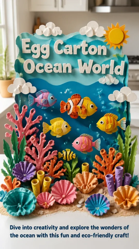 Egg Carton Ocean World craft showcasing colorful marine life and ocean scenery.
