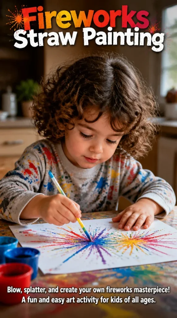 Colorful fireworks straw painting art project for creative expression.