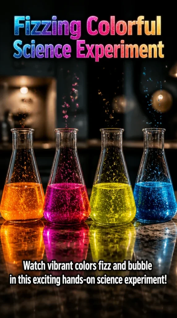 Children conducting a fizzing colorful science experiment with vibrant reactions.