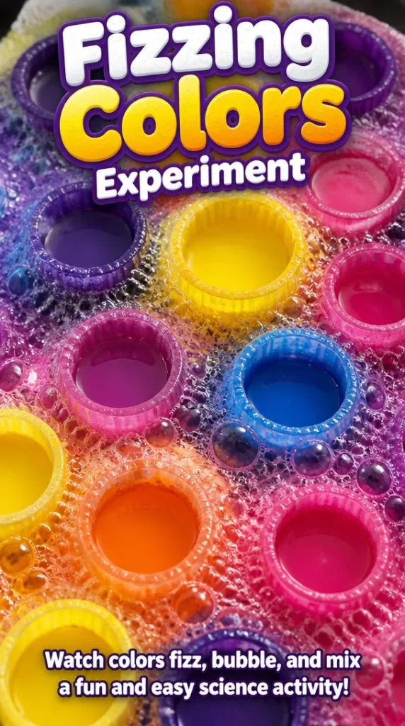 Children conducting the Fizzing Colors experiment with vibrant reactions and colorful materials.