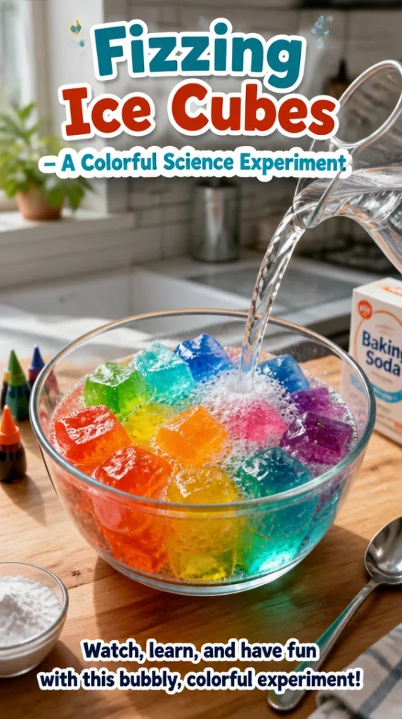 Colorful fizzing ice cubes experiment demonstrating science fun for kids.