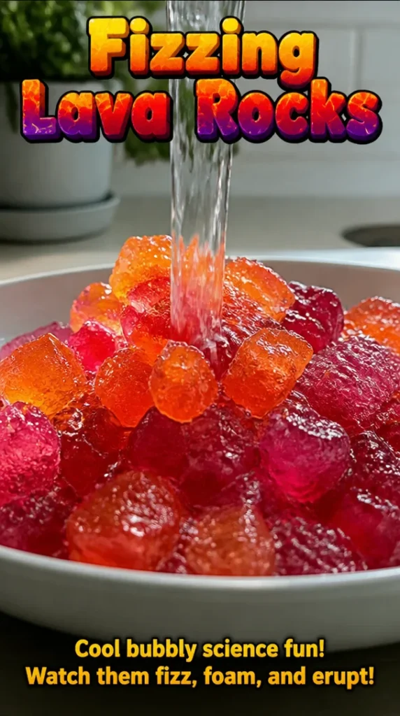 Fizzing lava rocks creating dynamic volcanic reactions in experiments.
