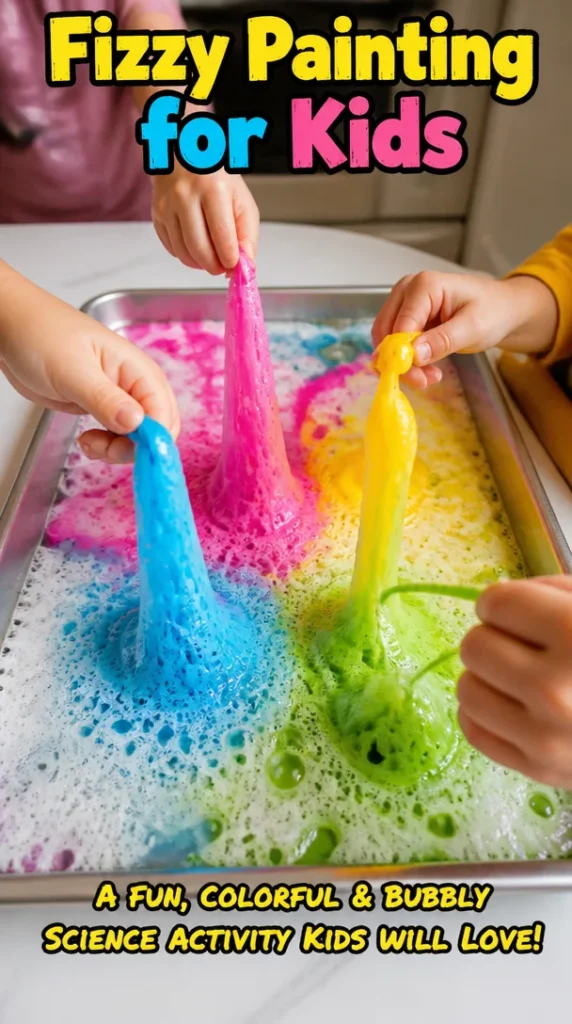 Kids enjoying fizzy painting activities with vibrant colors and bubbles.