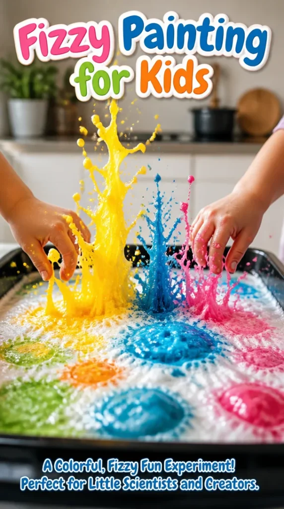 A child enjoying fizzy painting with colorful bubbles and vibrant art supplies.