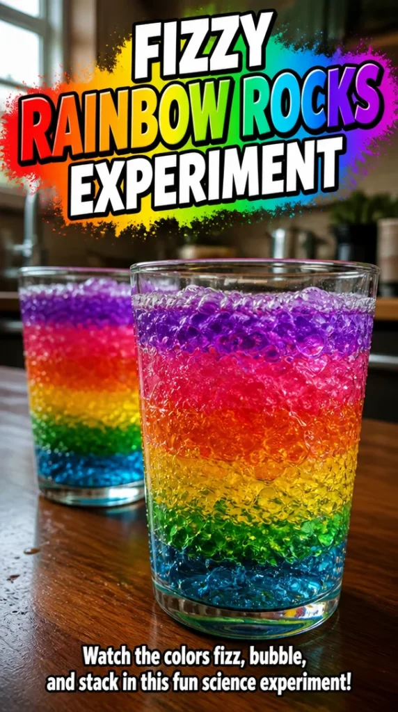 Children experimenting with Fizzy Rainbow Rocks in a colorful science project.