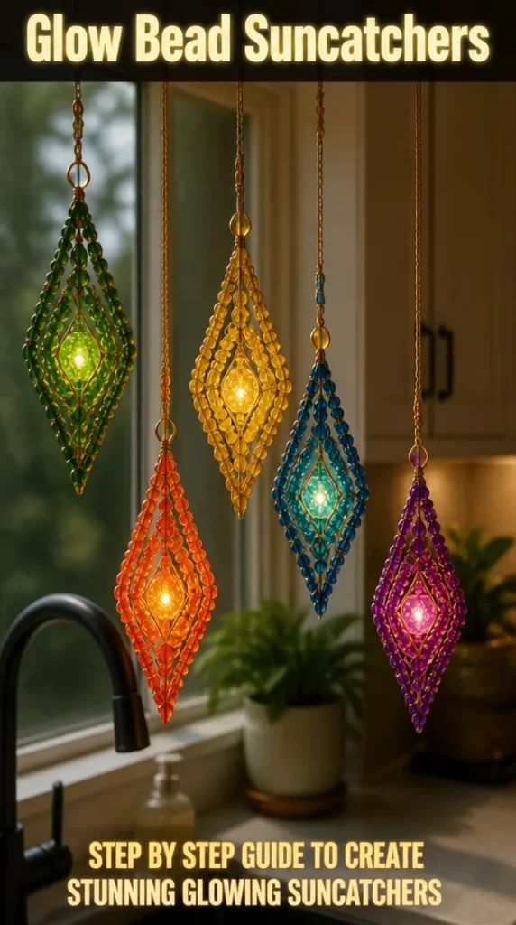 Colorful glow bead suncatchers hanging in a sunny window