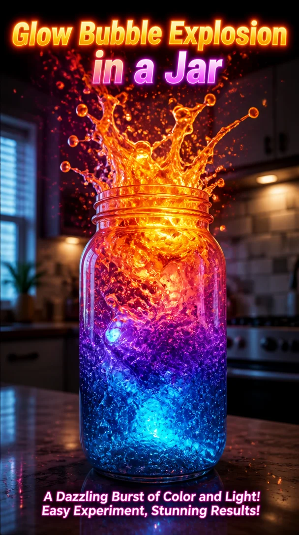 Glow bubble explosion inside a jar, showcasing colorful bubbles and vibrant light.