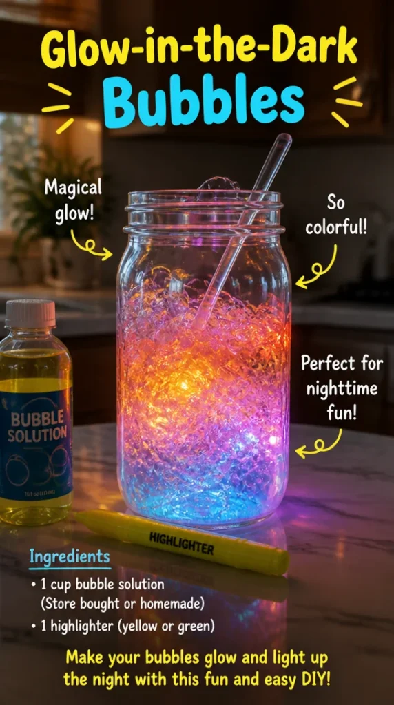 A collection of vibrant glow-in-the-dark bubbles floating in the dark.