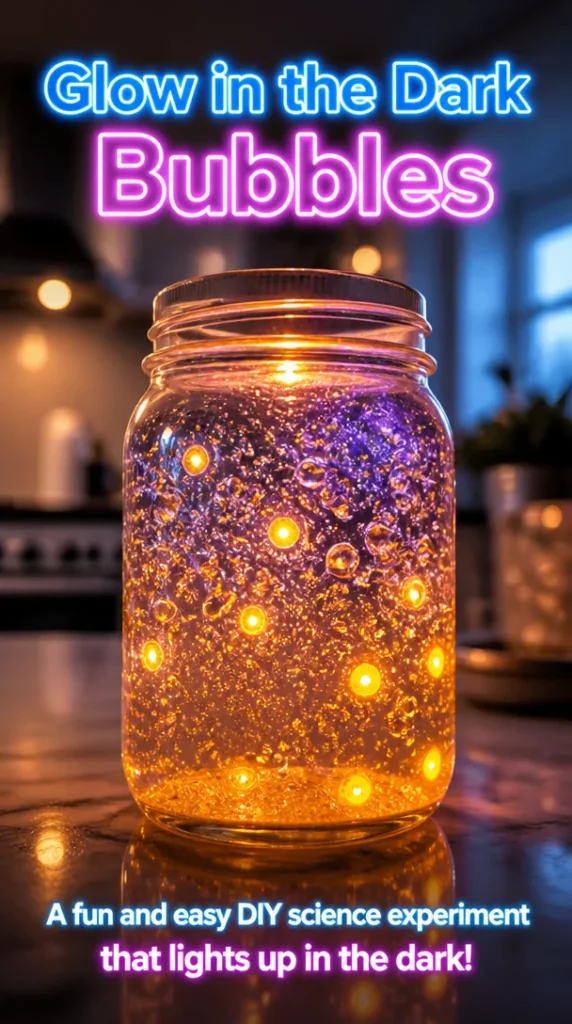 Vibrant glow in the dark bubbles floating in the dark