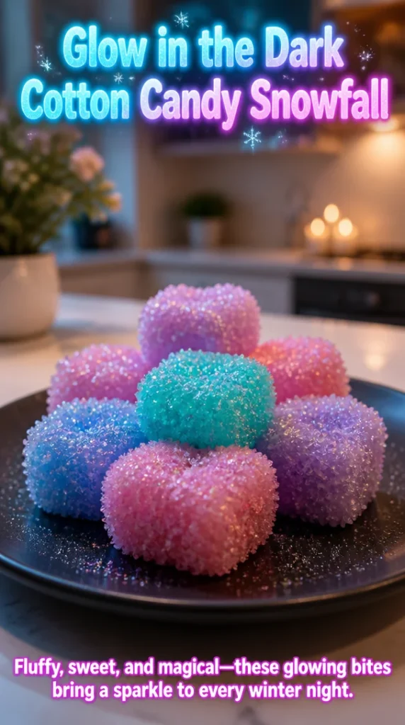 Glow in the dark cotton candy snowfall creating a vibrant nighttime atmosphere