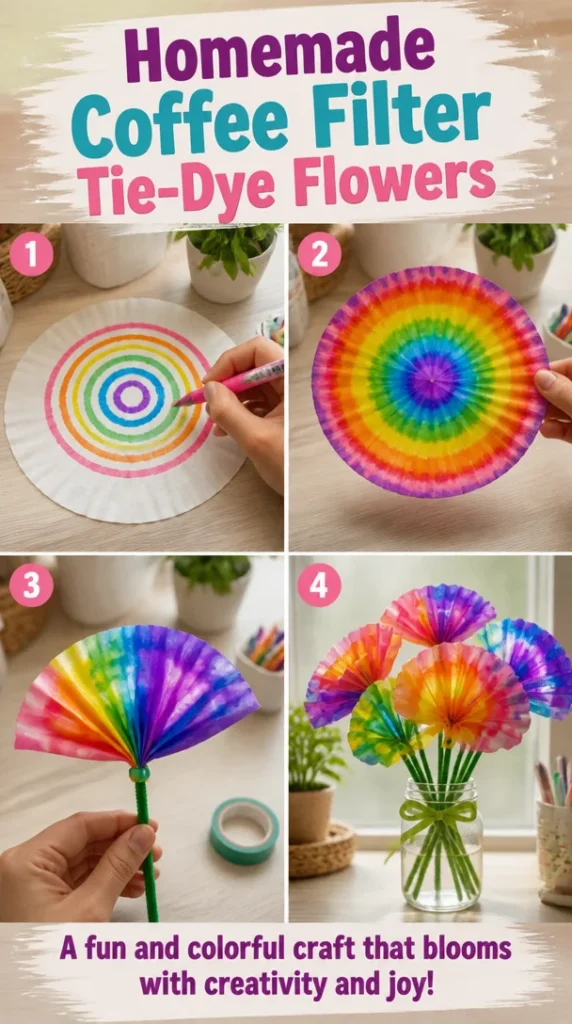 Homemade coffee filter tie-dye flowers in vibrant colors for decoration.