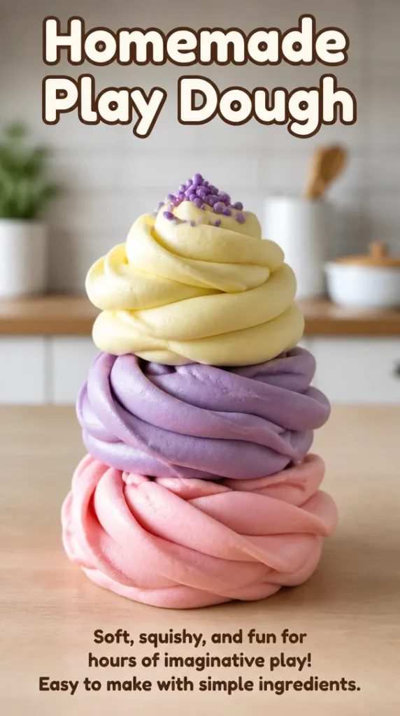 Colorful homemade play dough in various shapes and sizes for kids' activities.