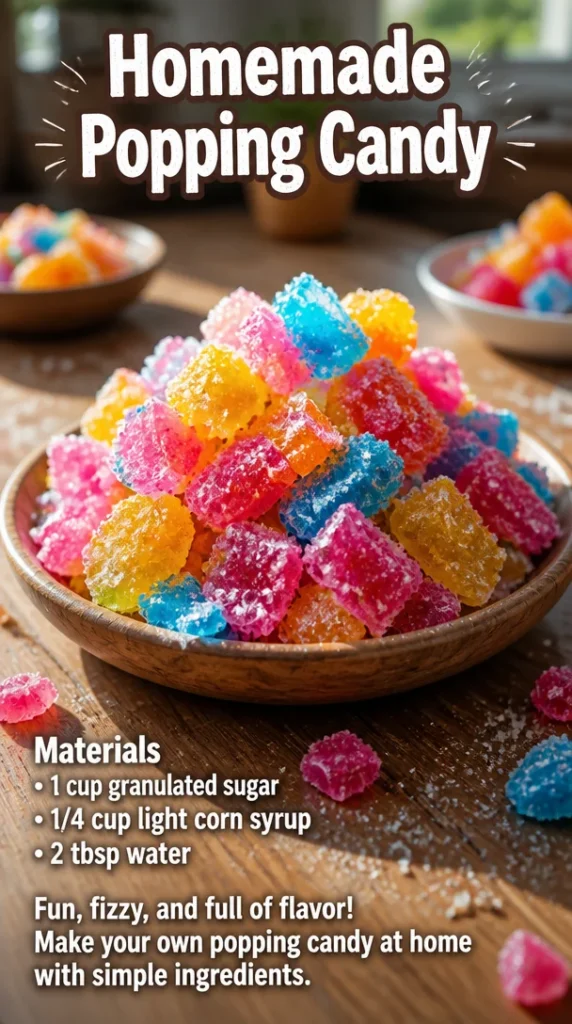 Homemade popping candy recipe with colorful popping sugar and wrappers.