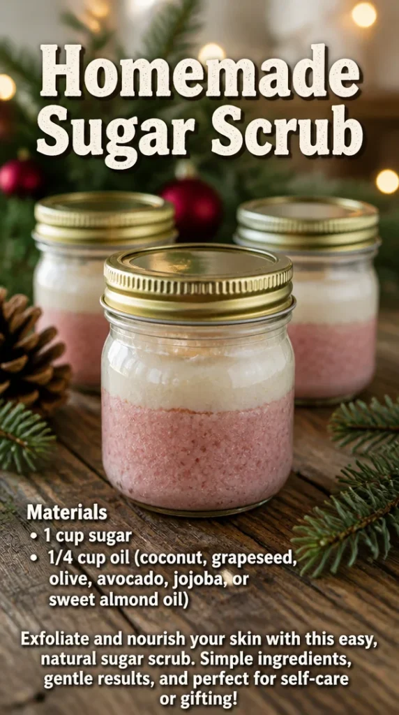 A jar of homemade sugar scrub with natural ingredients for glowing skin.