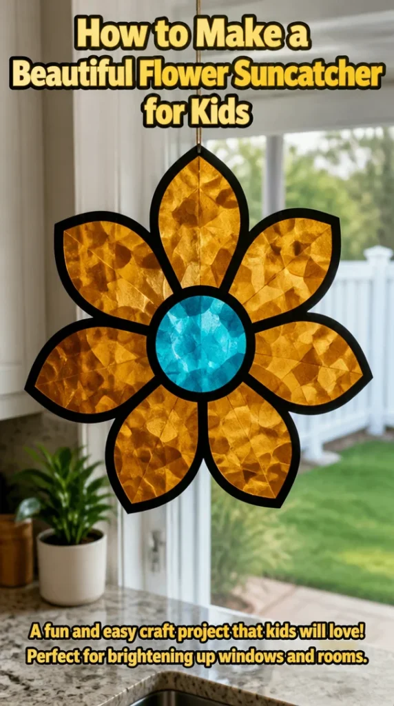 Colorful flower suncatcher made by kids using craft materials