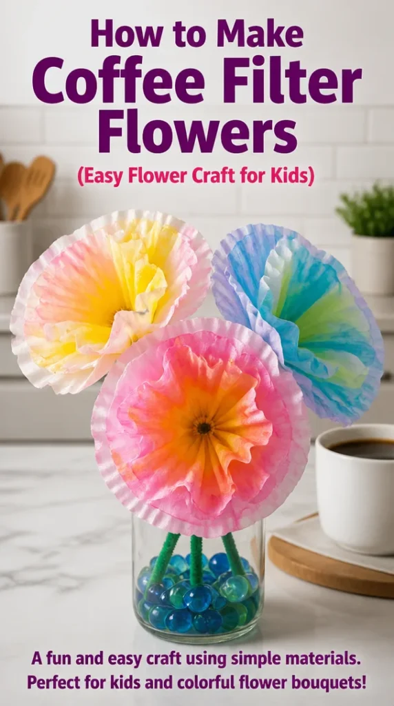 Colorful handmade coffee filter flowers in various shapes and sizes.