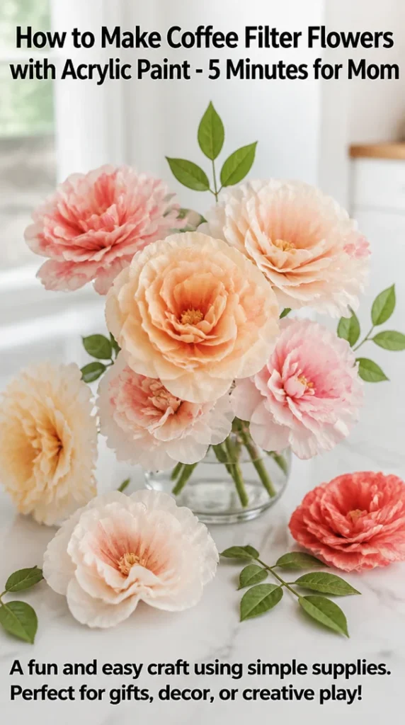 Colorful coffee filter flowers made with acrylic paint for craft projects.